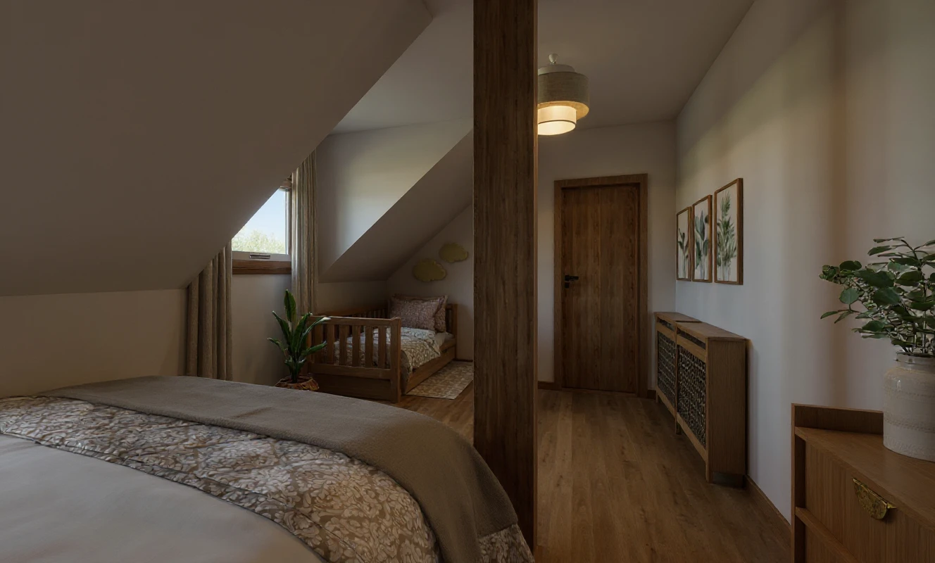 Sypialnia na poddaszu z wyeksponowanym słupem nośnym, projektant wnętrz Bielsko-Biała.