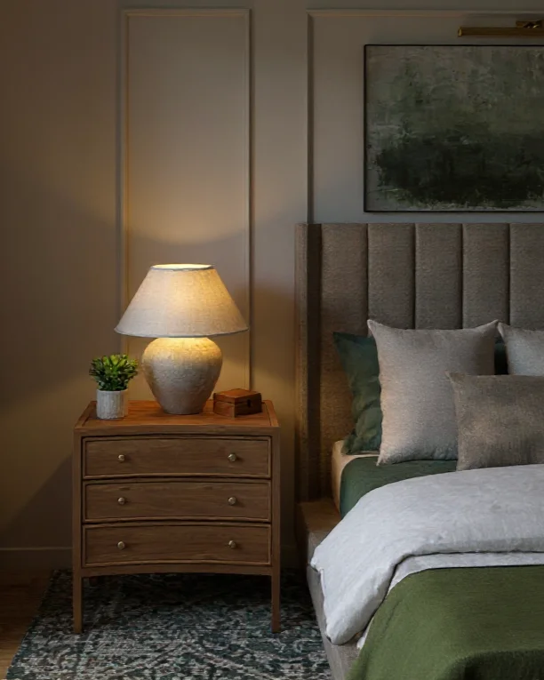 Detale aranżacji strefy nocnej w projekcie sypialni w Bielsku-Białej. Profesjonalne projektowanie i architektura wnętrz.