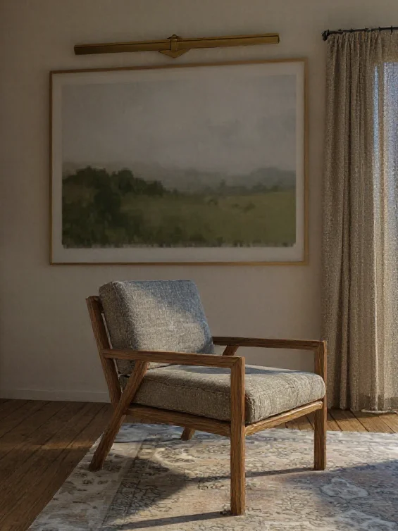 Projektant wnętrz Bielsko-Biała – przytulny kącik z fotelem i obrazem w salonie modern farmhouse.