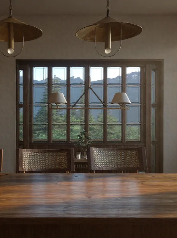 Jadalnia z dużym oknem i widokiem na Beskidy, zaprojektowana przez architekta wnętrz Totemi Studio Projektowania Wnętrz