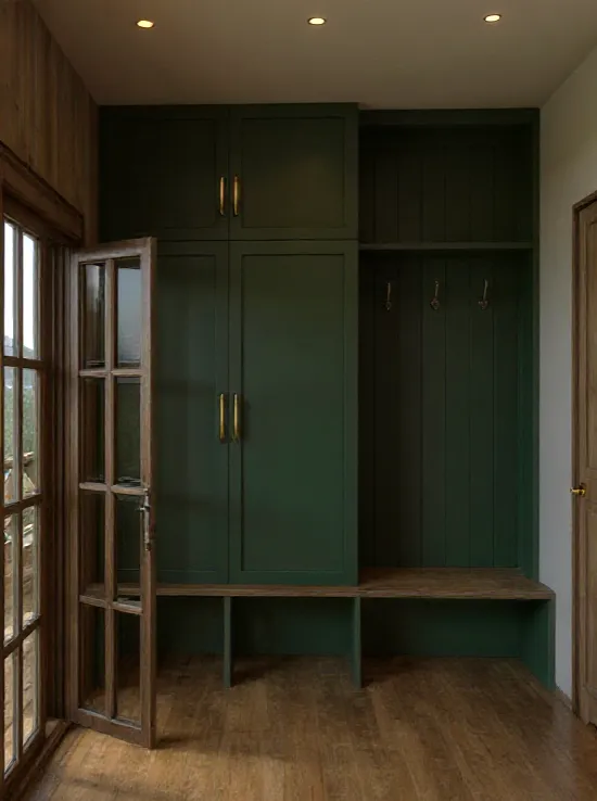 Jasny ganek w stylu modern farmhouse z przeszklonymi drzwiami i widokiem na góry – projekt Totemi.