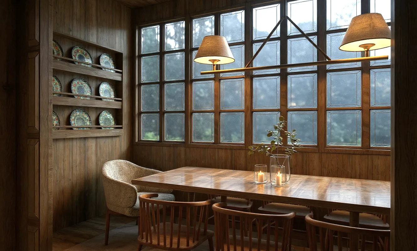 Nastrojowe oświetlenie nad dębowym stołem w jadalni – projektowanie wnętrz Totemi Żywiec.