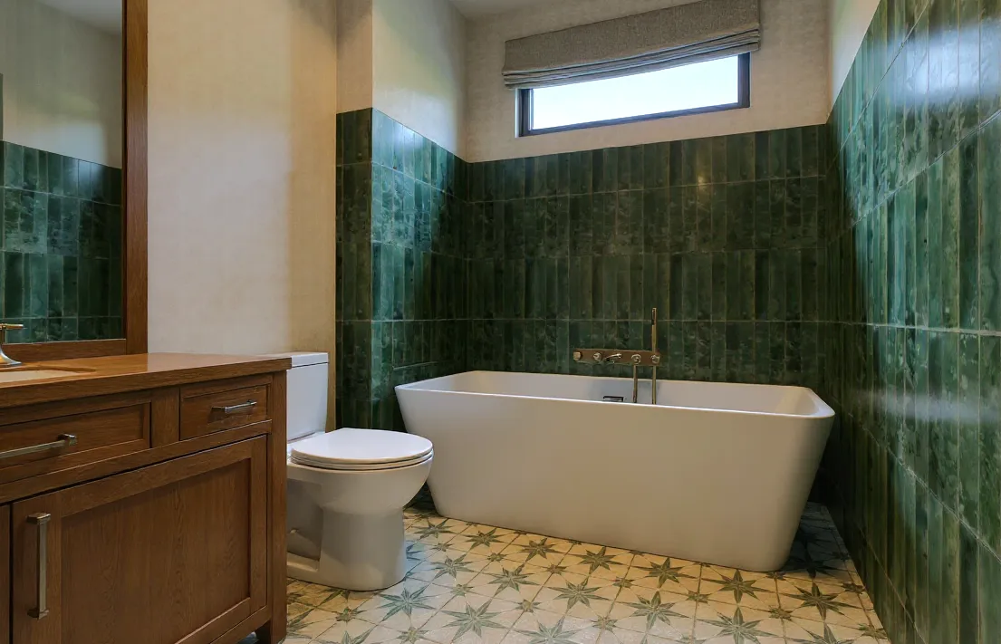 Nowoczesna łazienka z wanną i dekoracyjnymi kafelkami – projektowanie wnętrz Totemi w Beskidach.