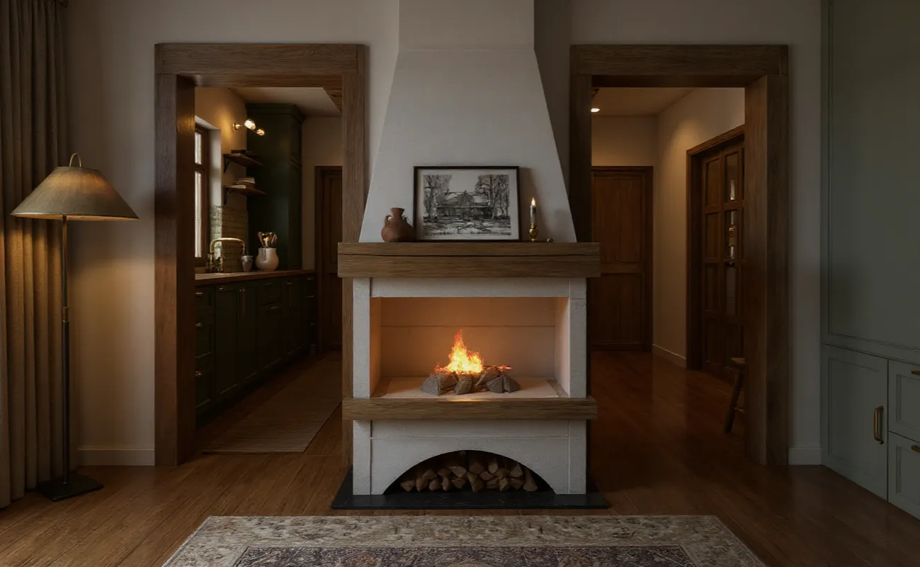 Architekt wnętrz Żywiec – nowoczesny salon z kominkiem i wygodną strefą wypoczynku w domu w górach.