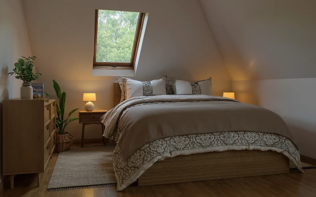 Nowoczesne oświetlenie zamontowane przy trudnych, podwójnych skosach na poddaszu – projekt Totemi Bielsko.