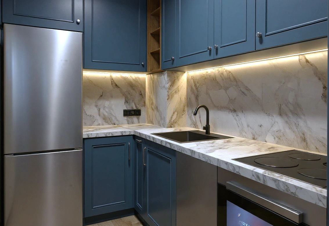 Nowoczesna, mała kuchnia w kawalerce zaprojektowana przez Totemi w Cieszynie.