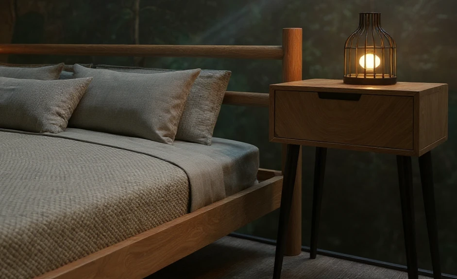 Pleciona lampka i lniana pościel w sypialni na osiedlu Cztery Pory Roku w Bielsku.