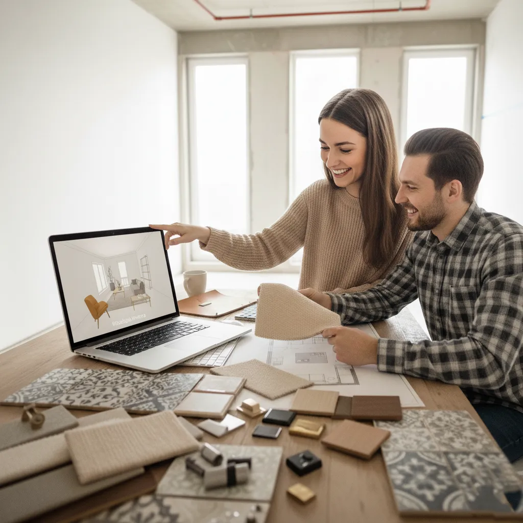 Zestawienie próbek tkanin, drewna i naturalnych tekstur do nowoczesnego wnętrza.