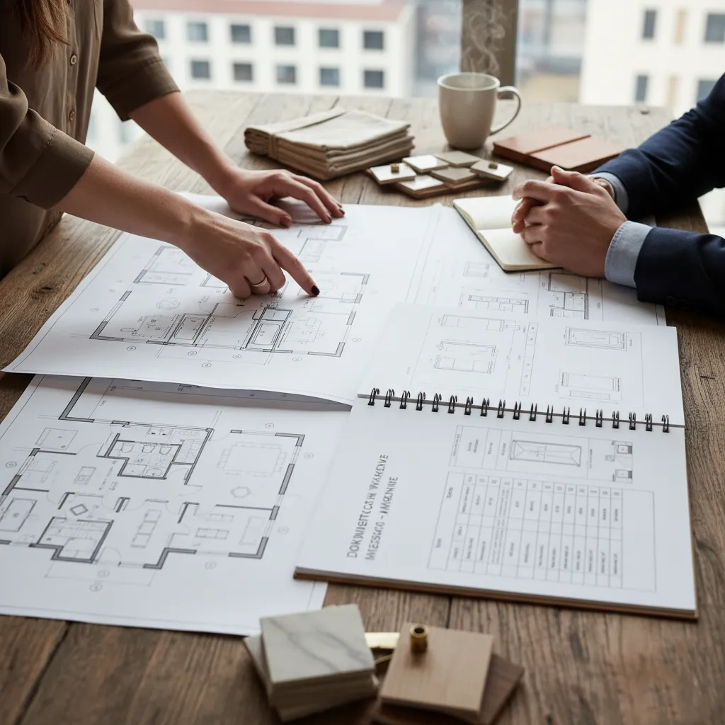 Wydrukowana dokumentacja projektowa Totemi z detalami technicznymi dla ekipy budowlanej.