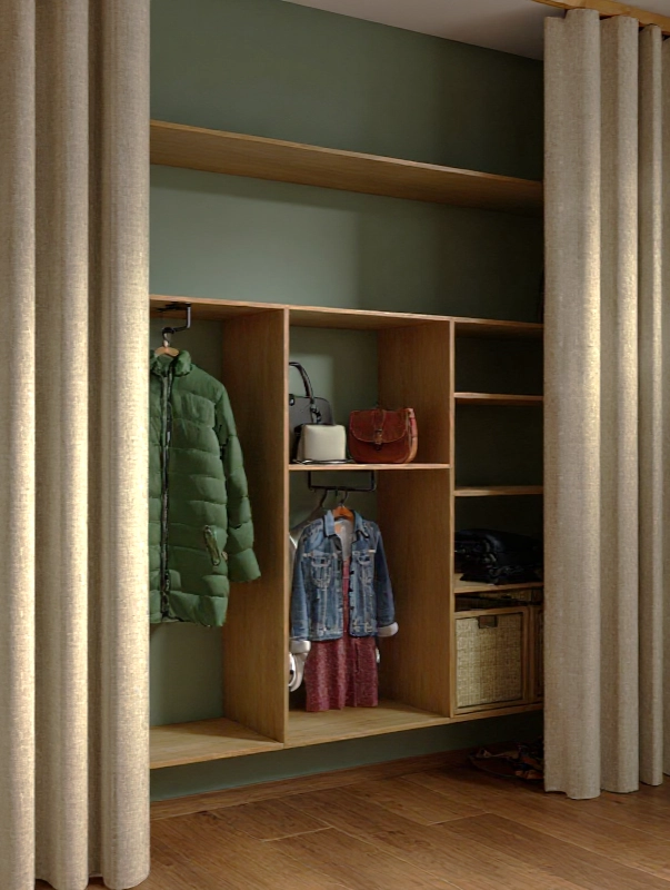 Stylowa zasłona oddzielająca garderobę w sypialni na Osiedlu Cztery Pory Roku.