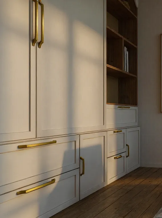 Nowoczesna zabudowa RTV z ukrytym telewizorem – projekt wnętrza Totemi Bielsko-Biała.