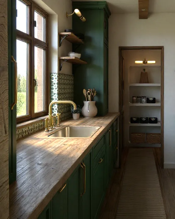 Projekt kuchni w stylu modern farmhouse z dużą wyspą i tradycyjnymi akcentami.