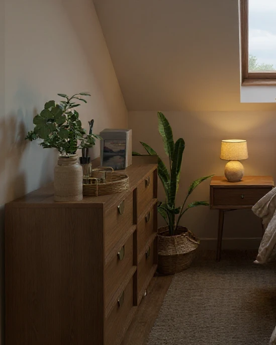 Komoda idealnie dopasowana do skosu na poddaszu, projekt wnętrz Totemi.