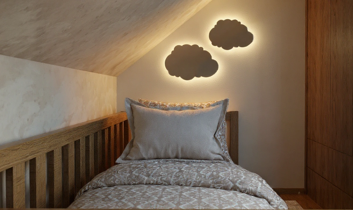 Nastrojowe lampki w pokoju dziecka na poddaszu, projekt Totemi Bielsko-Biała.