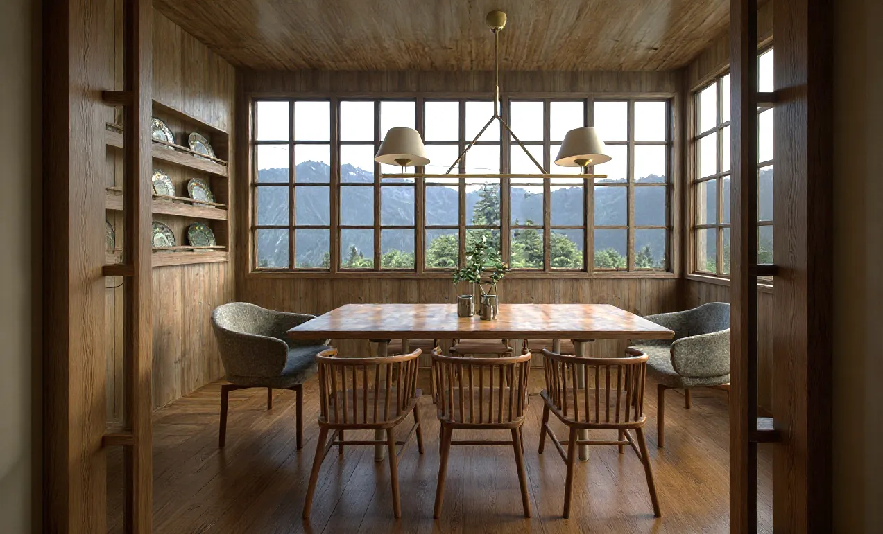Architekt wnętrz Żywiec – jadalnia z dużym oknem i panoramą Beskidów w stylu modern farmhouse.