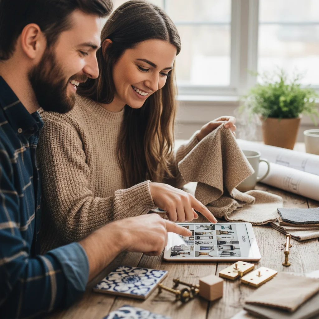 Arkusz analizy potrzeb klienta i próbki materiałów na biurku projektantki Totemi.