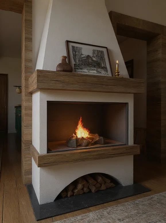 Detal nowoczesnego kominka w salonie – projektowanie wnętrz z duszą Totemi Żywiec.