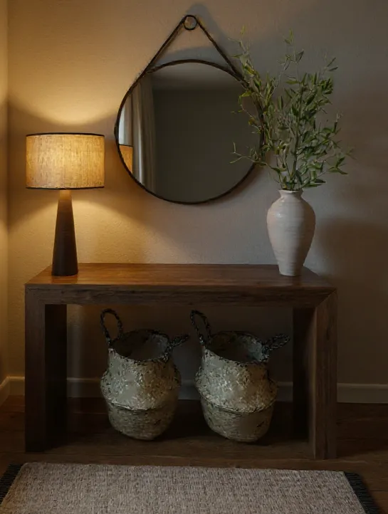 Nastrojowa aranżacja konsoli w sieni z lampką i wiklinowymi koszami – detale projektu Totemi.