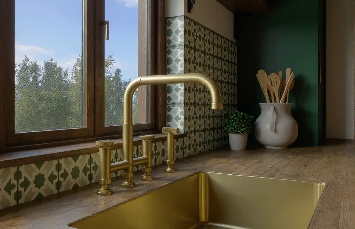 Detale wykończeniowe kuchni: naturalne drewno, jasne blaty i klasyczna armatura.