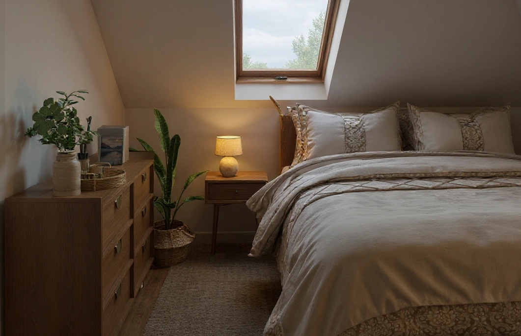 Widok na całą sypialnię gościnną na poddaszu, projekt Totemi Bielsko-Biała.