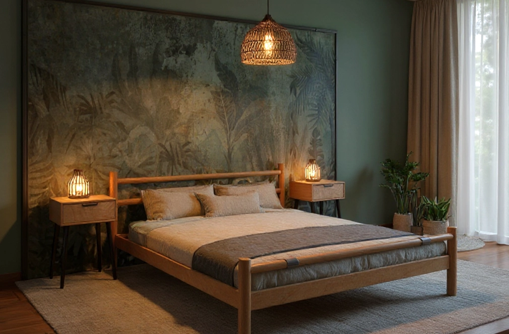 Szerokie ujęcie na łóżko z baldachimem i lnianą pościelą w sypialni boho.