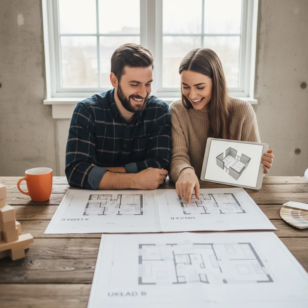 Rzut techniczny 2D z ergonomicznym układem mebli w projekcie sypialni pod skosami.