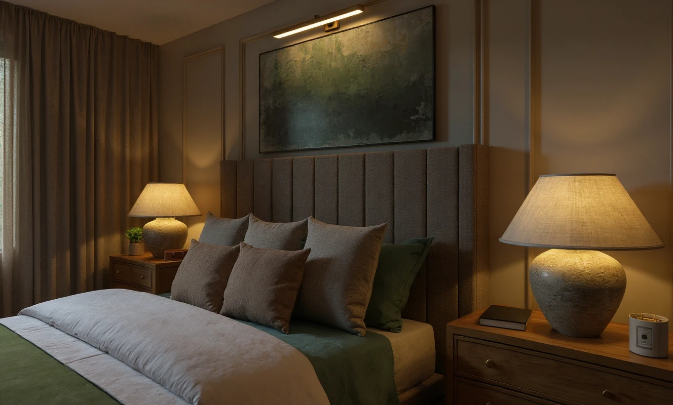 Wieczorny klimat w sypialni z nastrojowym oświetleniem, realizacja Bielsko-Biała.