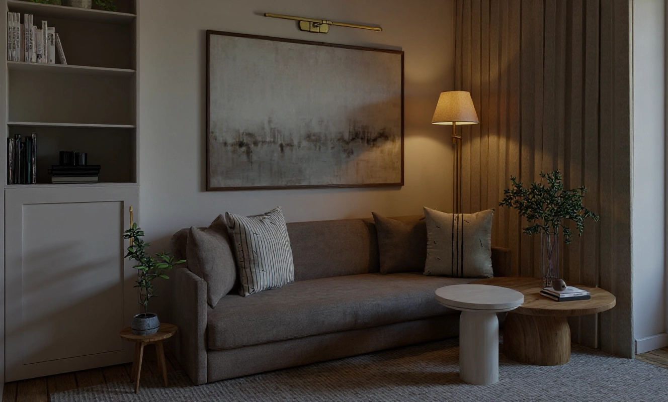 Szeroki widok na kanapę z obrazem podkreślonym kinkietem oraz lampę podłogową w rogu, salon w Lipniku.