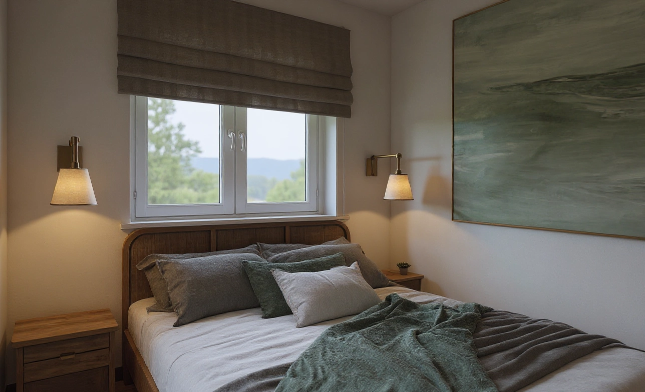 Wieczorne, nastrojowe oświetlenie w sypialni z akcentami zieleni, realizacja Totemi w Lipniku w Bielsku-Białej.