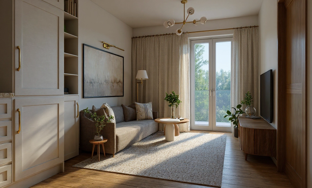 Wnętrze salonu w Lipniku nawiązujące kolorystyką do otaczającej przyrody i panoramy Beskidów.