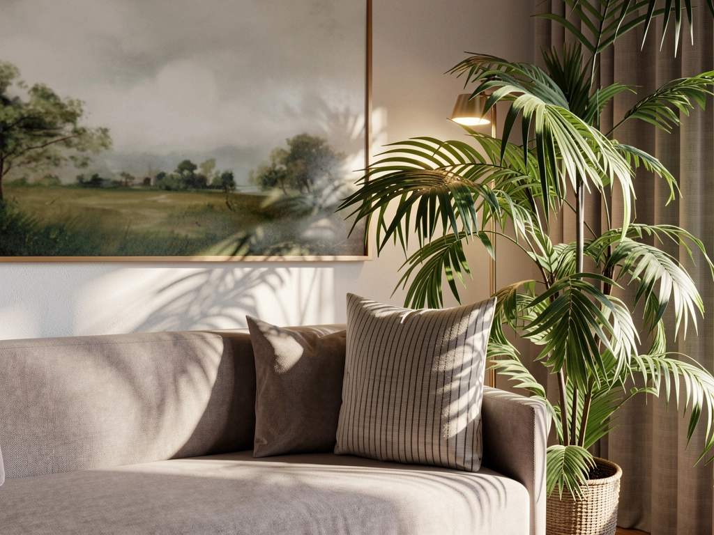 Zbliżenie na palmę doniczkową i stylową lampę rzucającą ciepłe światło w salonie.