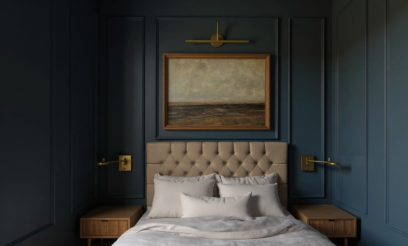 Pełny widok na elegancką i komfortową sypialnię w Cieszynie, projekt architektury wnętrz Totemi.