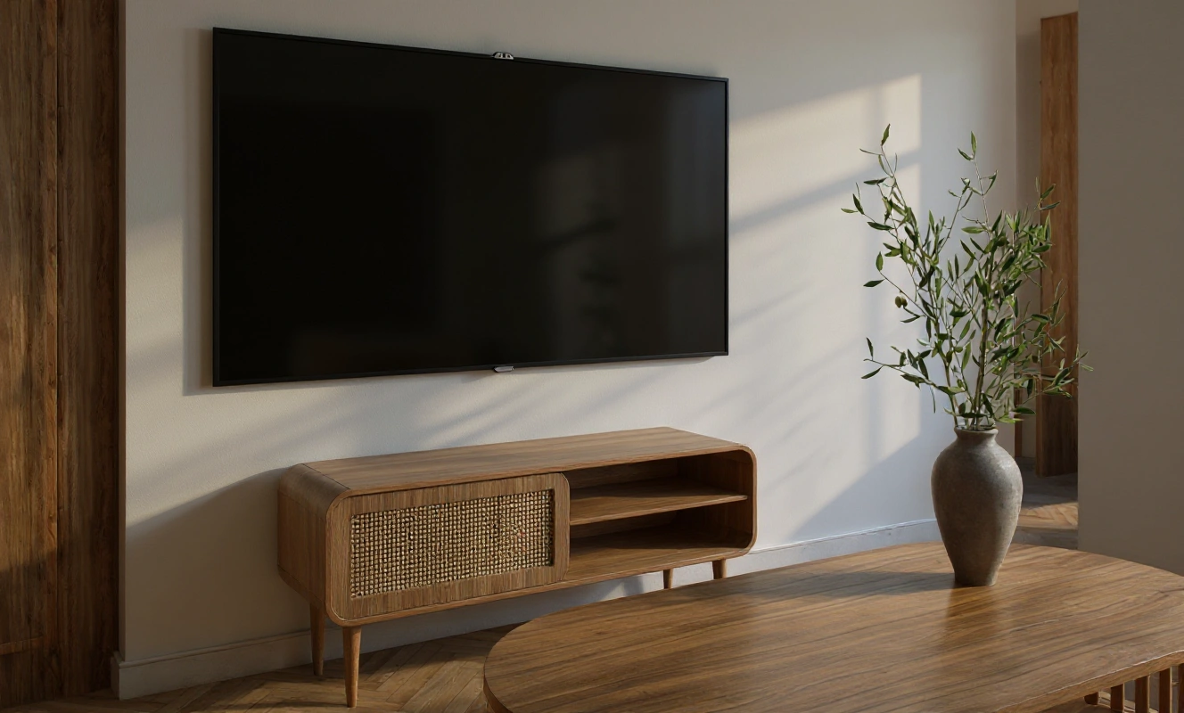 Nowoczesna szafka RTV i aranżacja ściany z telewizorem, projekt Totemi w Cieszynie.