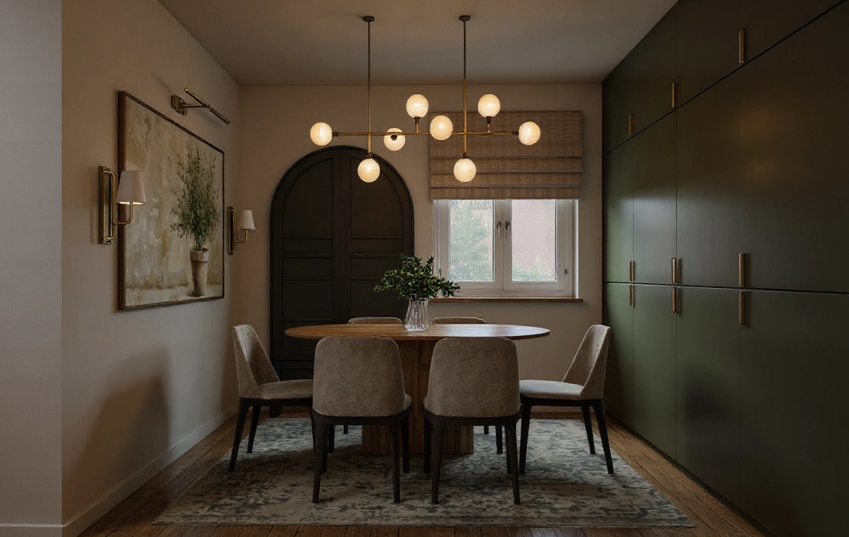 Pełny widok na nowoczesną jadalnię ze stołem, designerskimi lampami i obrazem, projekt Totemi w Lipniku.