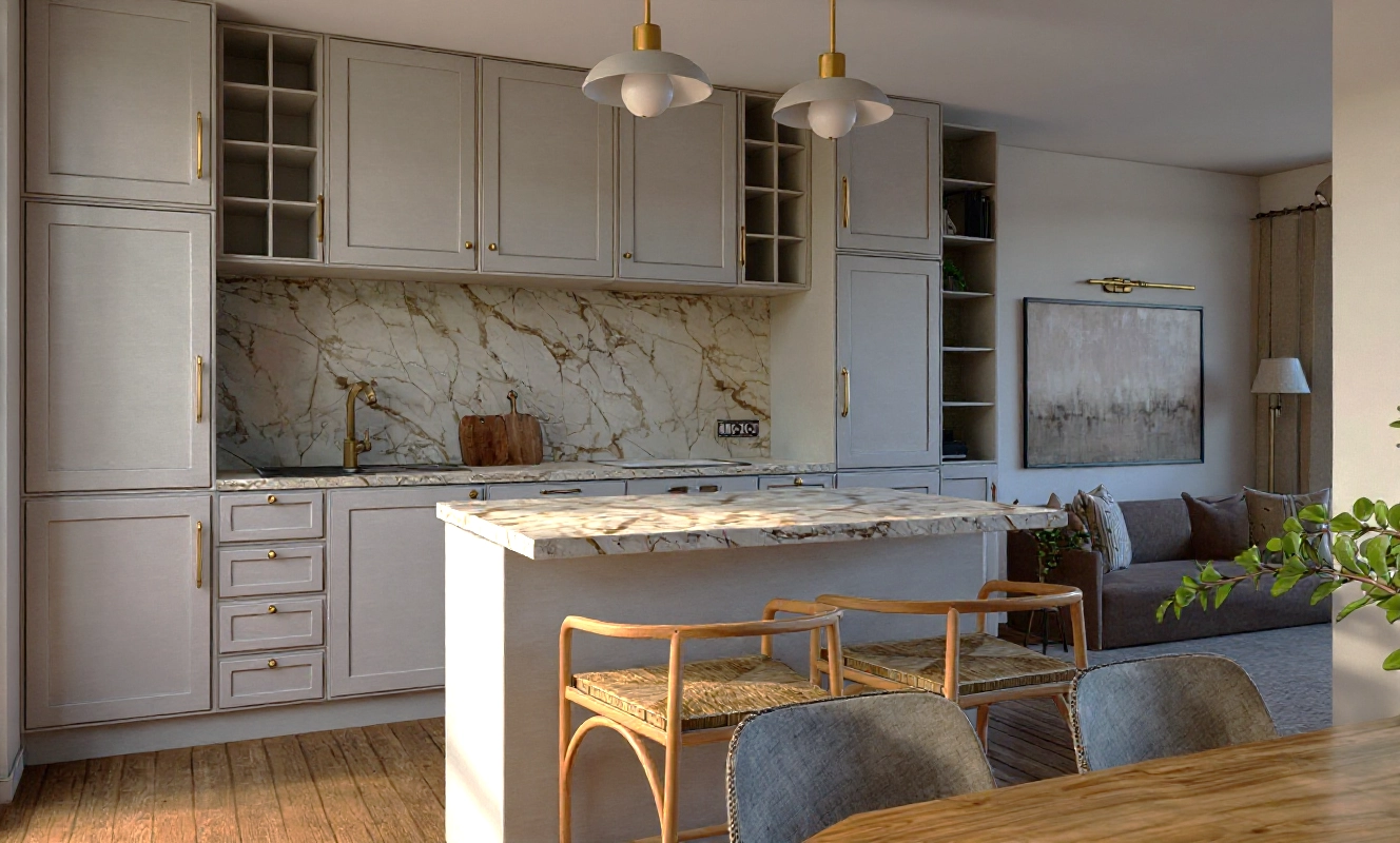 Otwarta kuchnia z wyspą na salon, nowoczesna architektura wnętrz Totemi Bielsko-Biała.