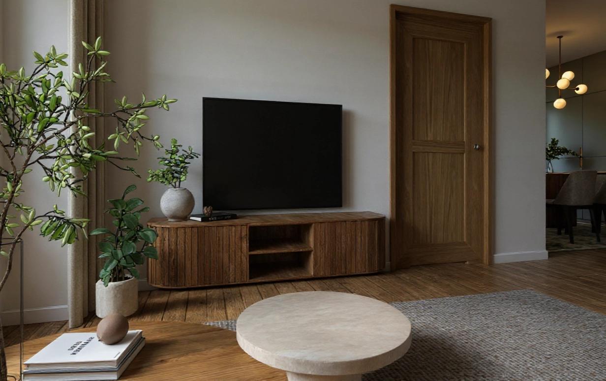 Nowoczesna ściana RTV z szafką na wymiar, spójna z resztą salonu, projekt Totemi w Lipniku.