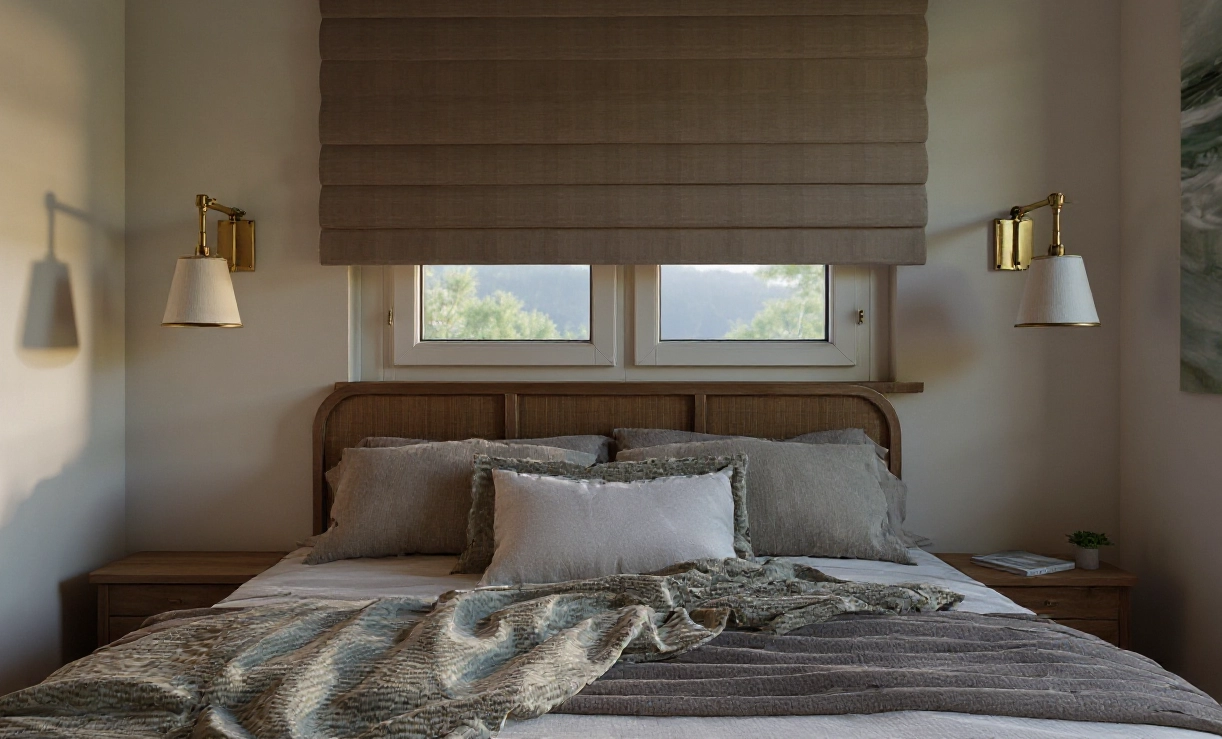 asna sypialnia w kolorach ziemi i zieleni zaprojektowana przez Totemi w Bielsku-Białej, dzielnica Lipnik.