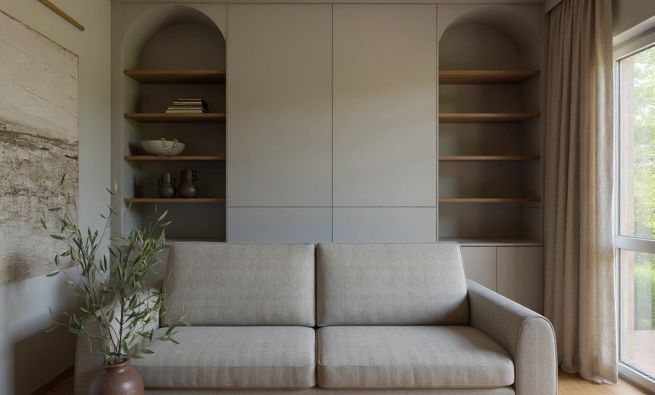Widok na wprost na kanapę i elegancką zabudowę w salonie, projekt Totemi Cieszyn.