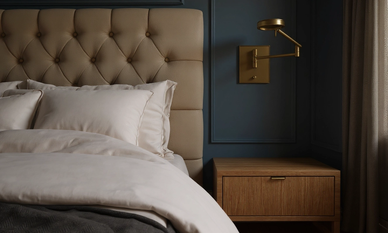 Detale architektury wnętrz w sypialni: sztukateria, lniana pościel i designerska lampka nocna – projekt Totemi Cieszyn.