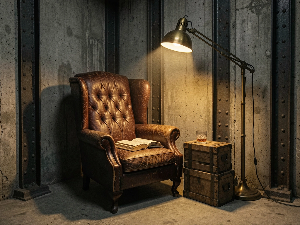 Industrialna biblioteczka z podświetlanym humidorem i fotel skórzany, projekt Totemi Bielsko-Biała.