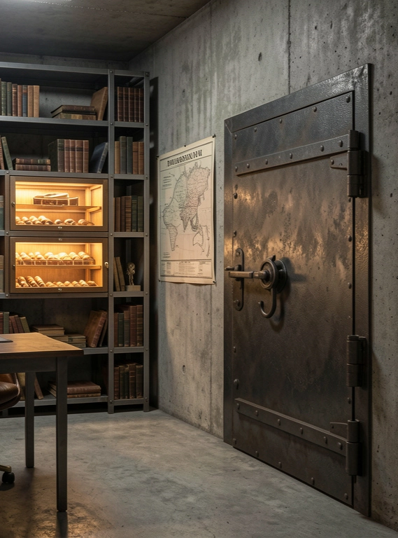 Męski gabinet w stylu industrialnym z historycznymi mapami i pancernymi drzwiami, projekt Totemi Śląsk.