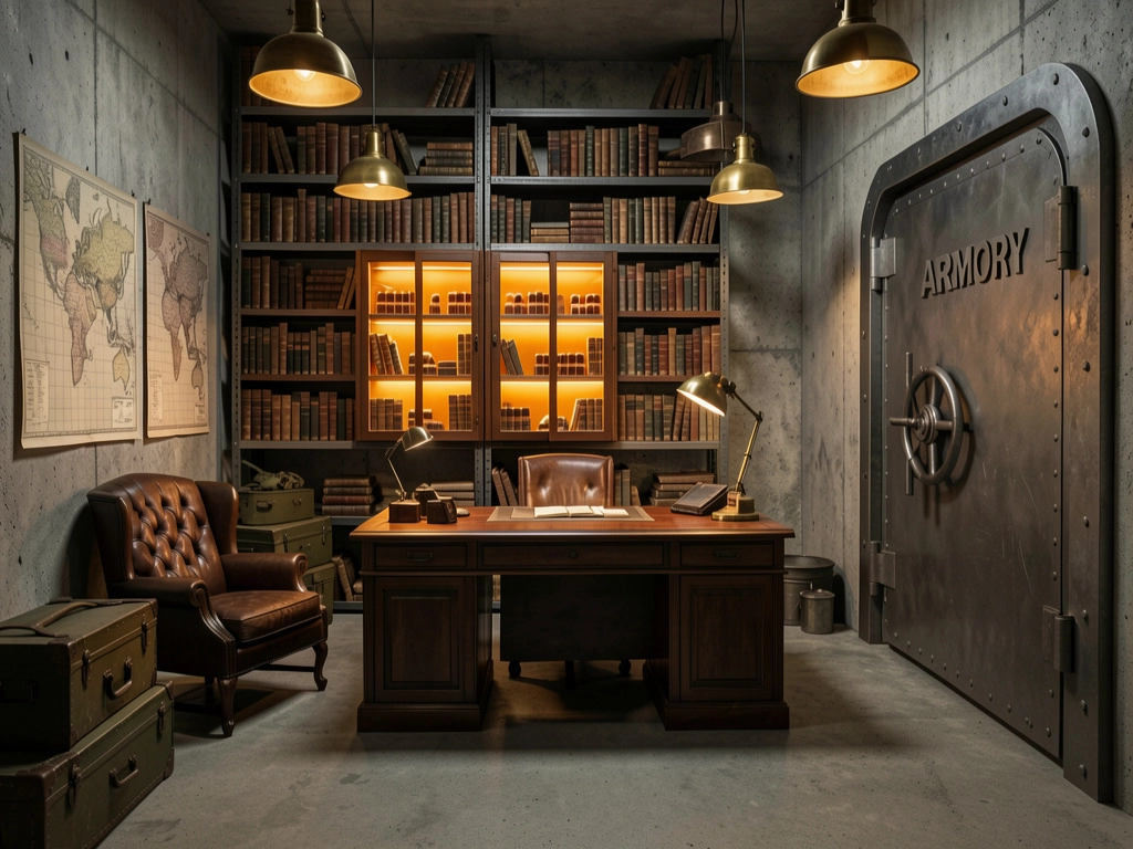 Gabinet z mapami historycznymi i szafą pancerną w industrialnym stylu, projekt Totemi Bielsko-Biała.