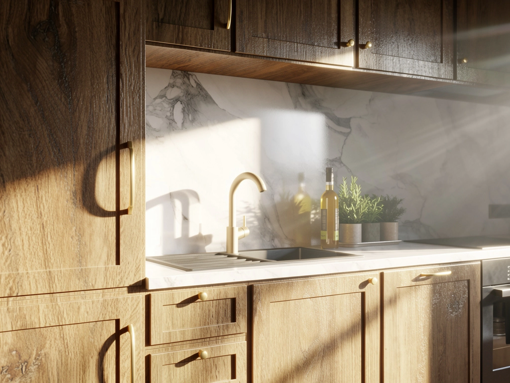 Wysoka zabudowa kuchenna w kolorze ciepłego drewna z dekoracyjnymi uchwytami.