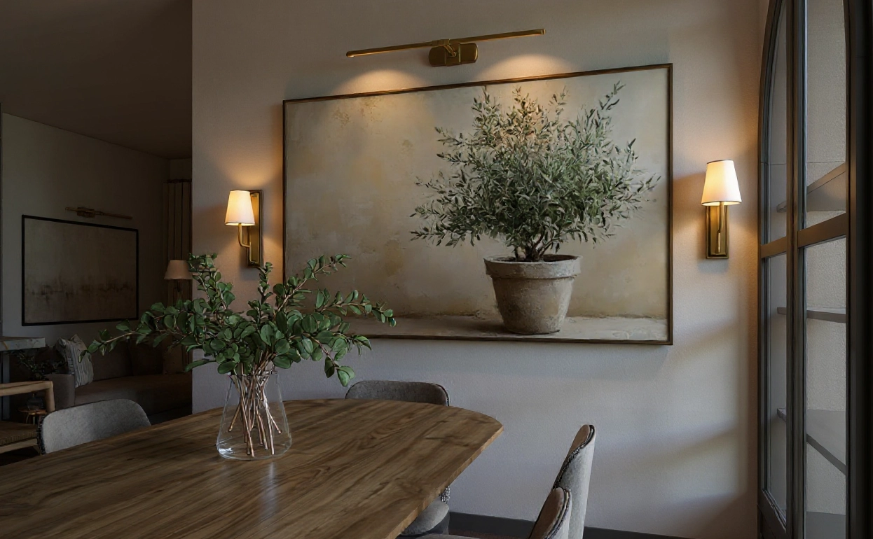 Designerskie lampy wiszące nad stołem oraz obraz na ścianie w jadalni, projektant wnętrz Bielsko-Biała.