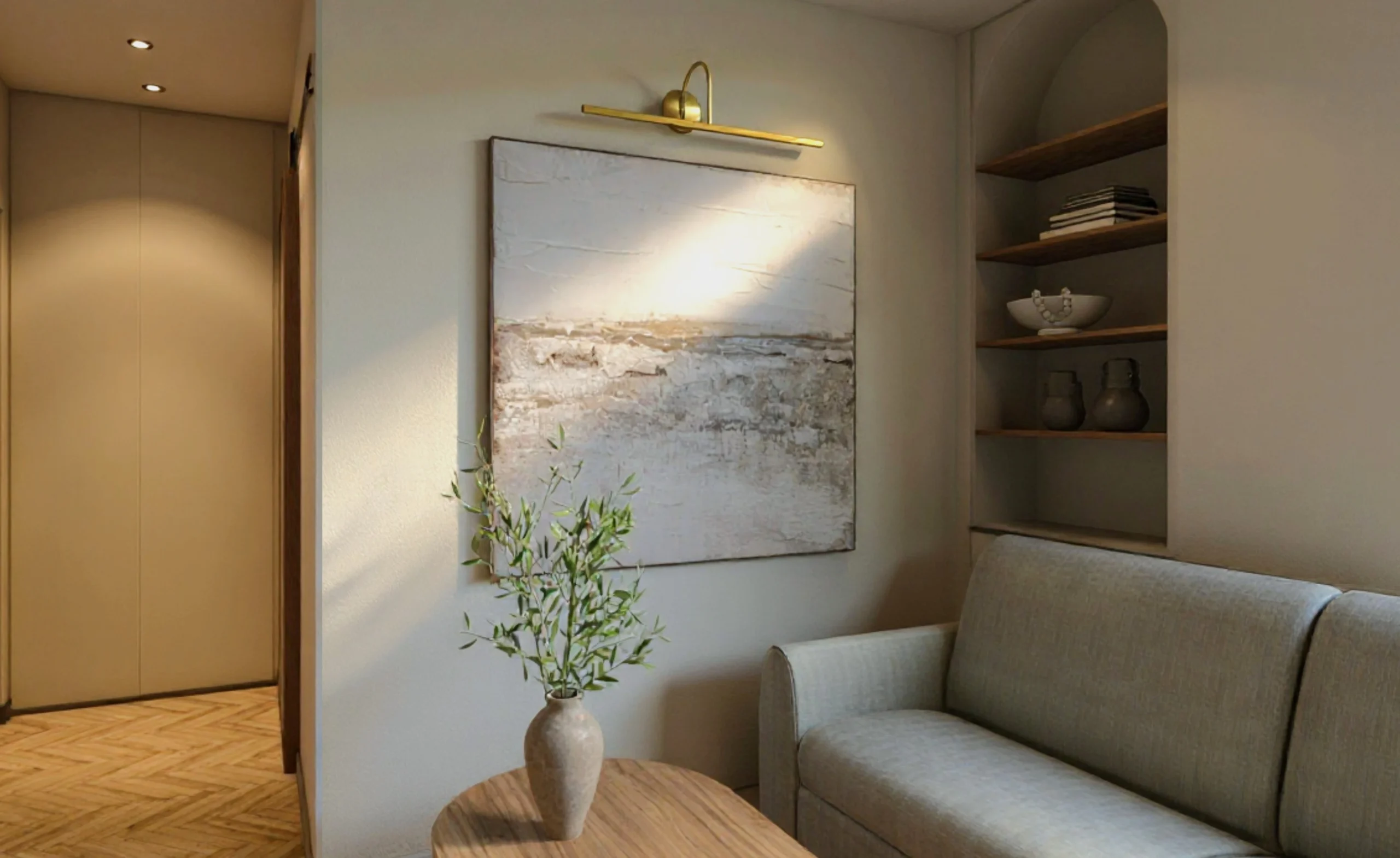 Nowoczesne oprawy oświetleniowe w salonie, projekt architektury wnętrz Totemi Cieszyn.