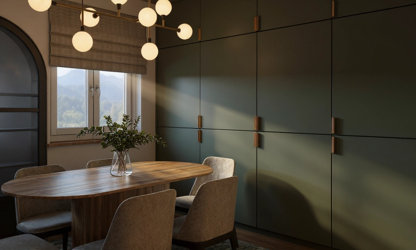 Zbliżony widok na strefę jadalni, podkreślający spójność mebli i dekoracji, projekt Totemi w Lipniku.