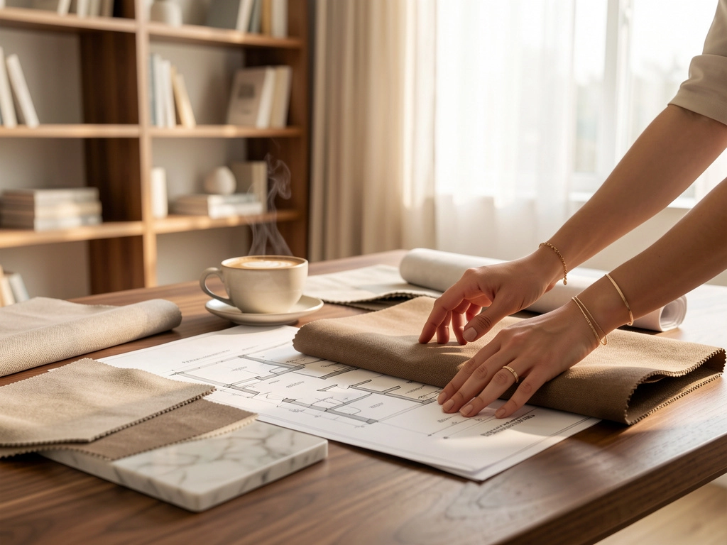 Profesjonalne stanowisko pracy projektantki wnętrz marki Totemi – próbki tkanin i rzuty projektowe dla klientów z Bielska-Białej i Katowic.