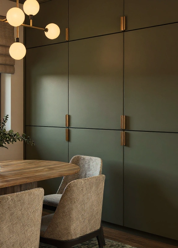 Stylowa i pojemna zabudowa meblowa na ścianie w jadalni, projektant wnętrz Bielsko-Biała.
