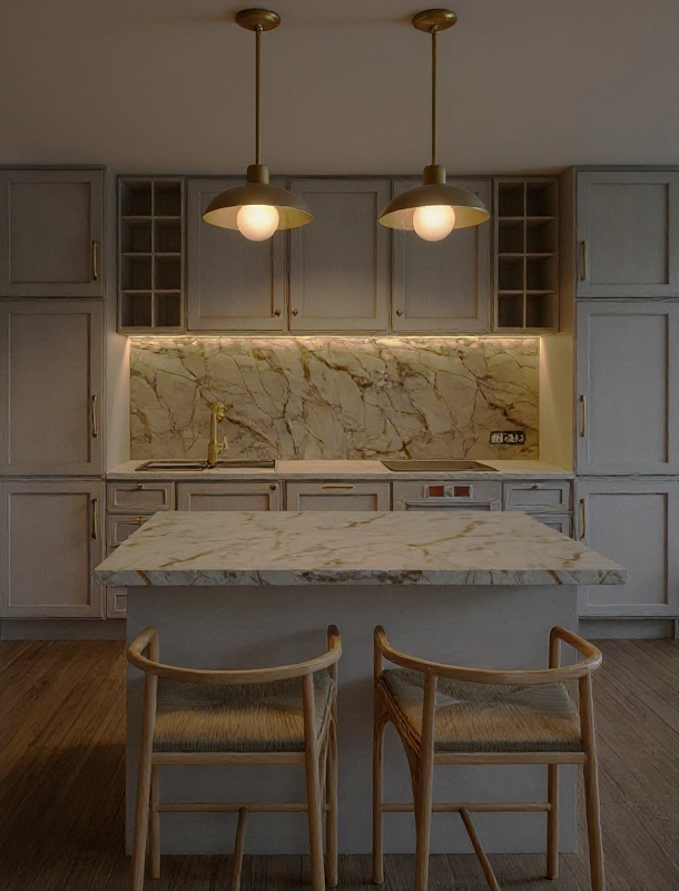 Projekt oświetlenia kuchennego budujący nastrojowy klimat, realizacja w Lipniku.