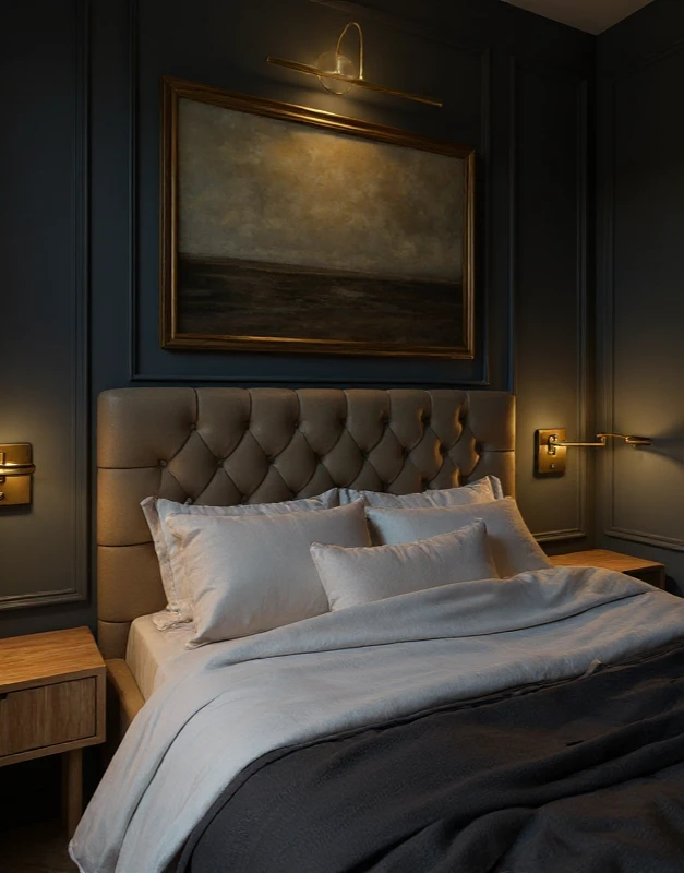 Nastrojowe oświetlenie nocne w sypialni, profesjonalna aranżacja wnętrz Totemi w Cieszynie.